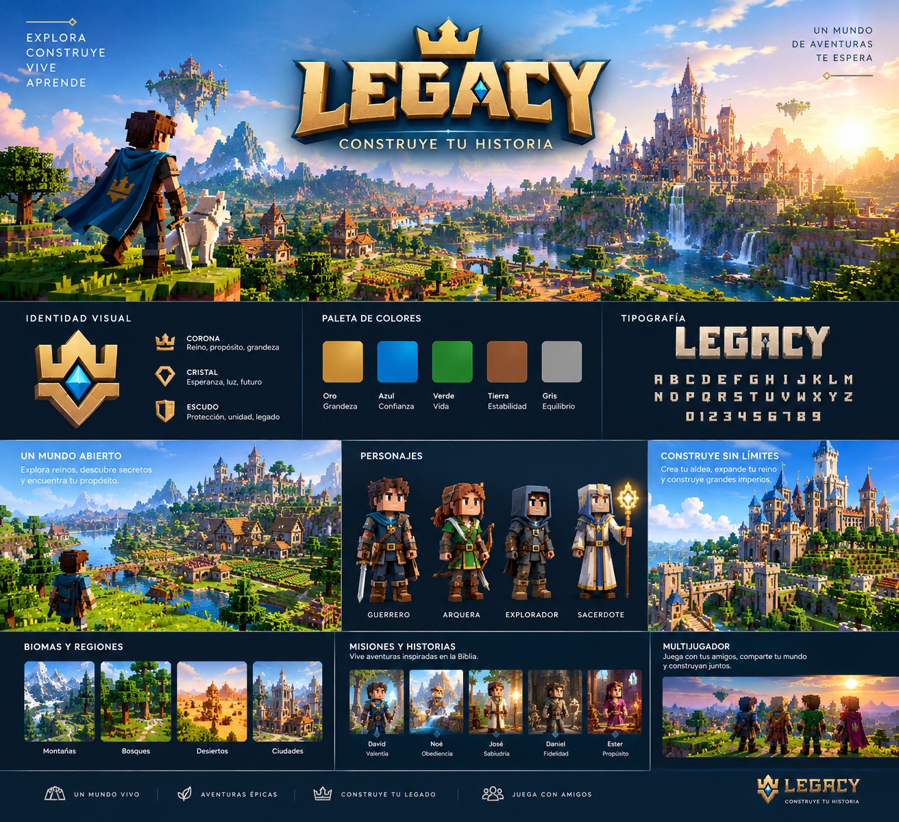 Mundo de LEGACY con héroe, castillos y paisaje de fantasía